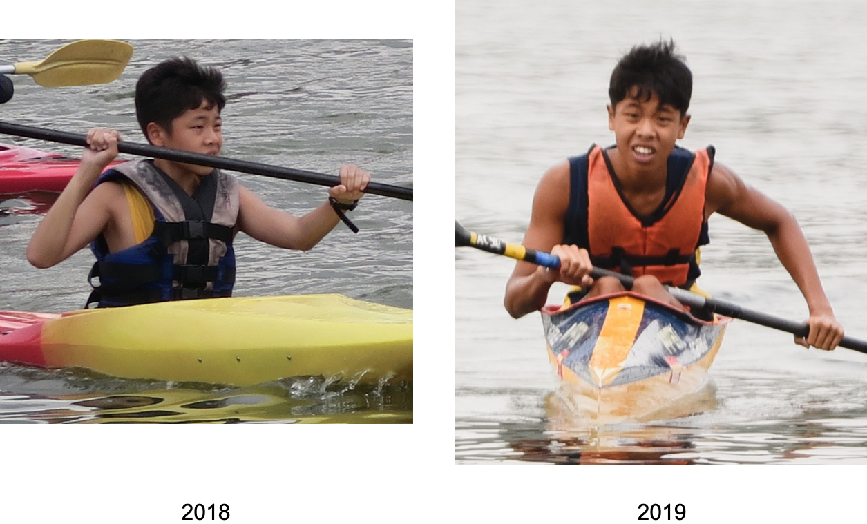 Two side-by-side photos from 2018 and 2019 showing a boy kayaking on water wearing a life jacket.
